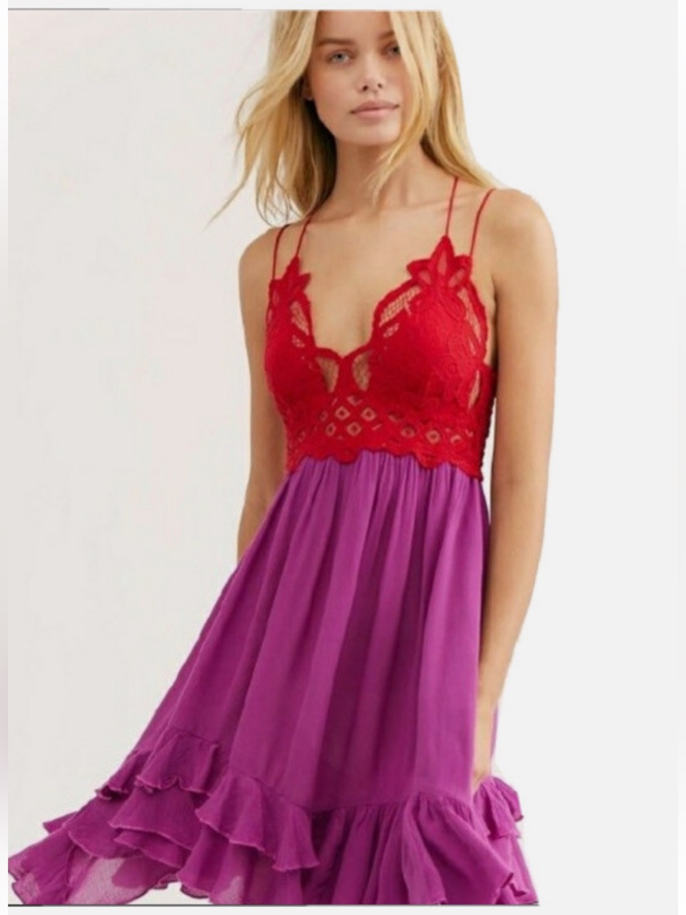 Free People Red and Purple Lace-Top Mini Dress